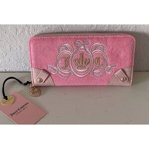 Juicy Couture Lovers Club Long‎ Zip Around Wallet Pink Lemonade Terry Cloth NEW
